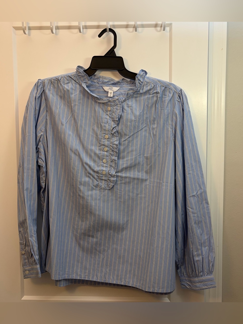 Time and Tru Light Blue Striped Ruffle-Placket Button Down Top